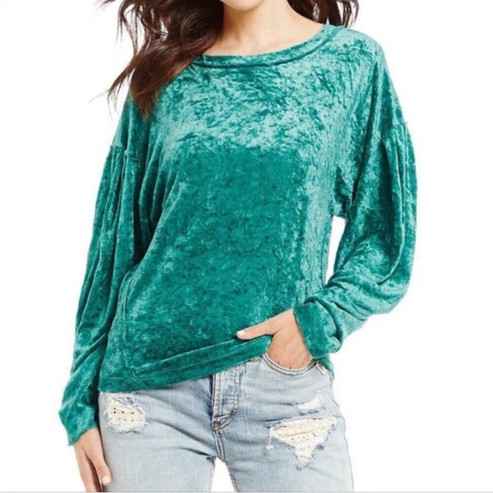 We the Free Free People teal green crushed velvet velour‎ puff sleeve blouse top